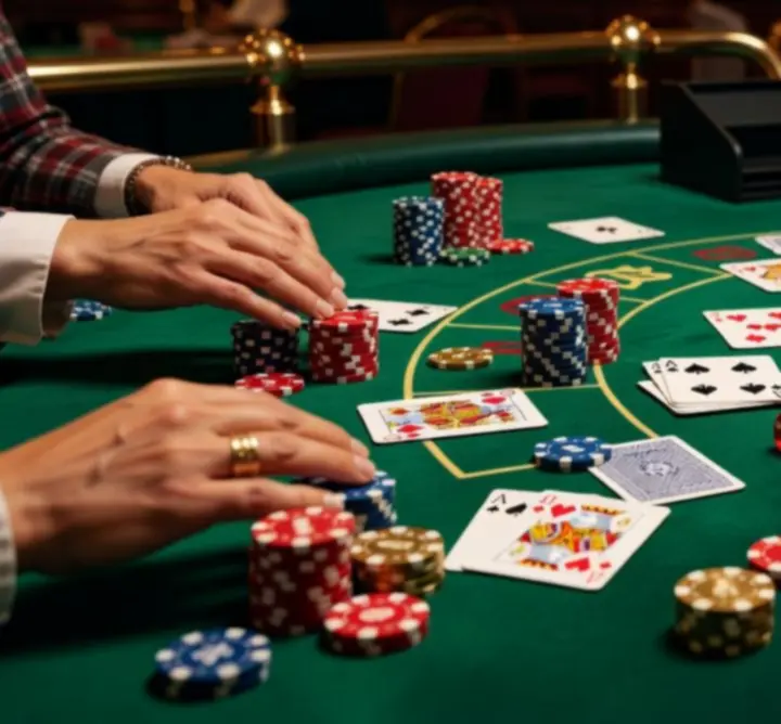 Zbliżenie na stół z żetonami i kartami do gier kasynowych