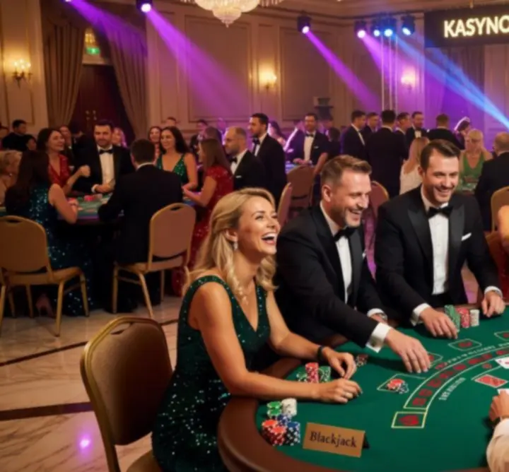 Goście bawiący się przy stołach kasynowych podczas eventu