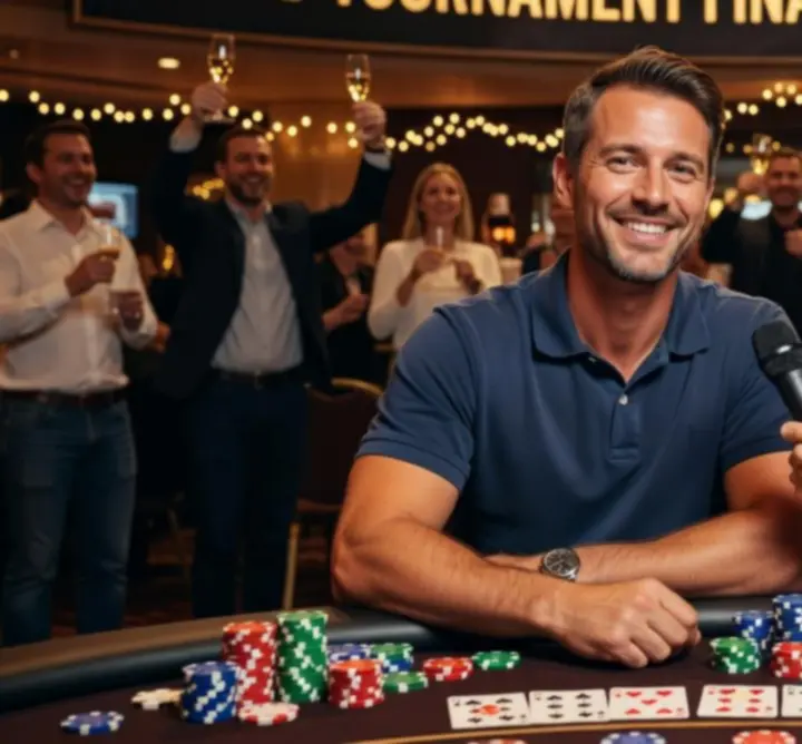 Uśmiechnięty zwycięzca turnieju pokerowego podczas wywiadu po evencie